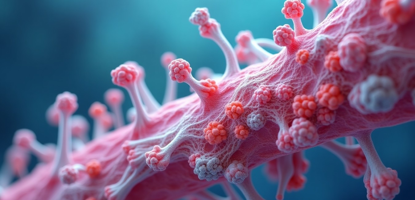 Klasyczna ilustracja medyczna przedstawiająca mikroskopową strukturę tkanki kostnej z wizualizacją działania leków na poziomie komórkowym.