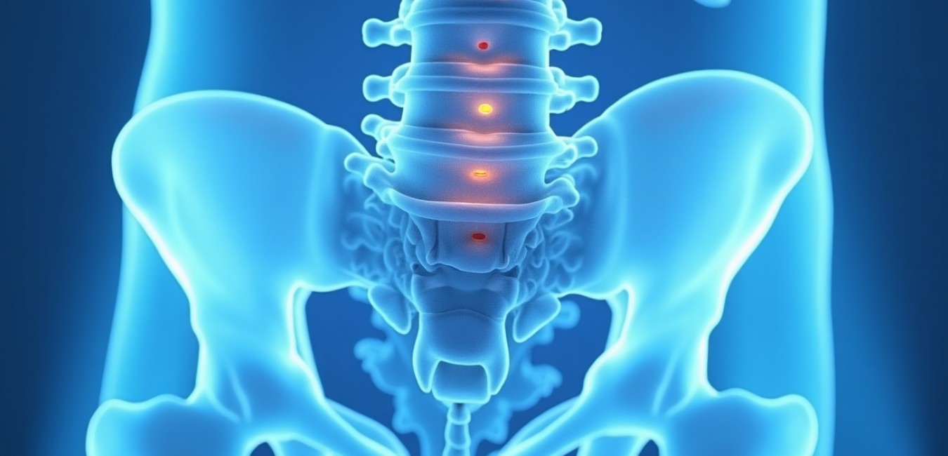 Wizualizacja procedury stabilizacji kręgosłupa z użyciem śrub o trajektorii korowej, pokazująca zmiany w gęstości kości po leczeniu.