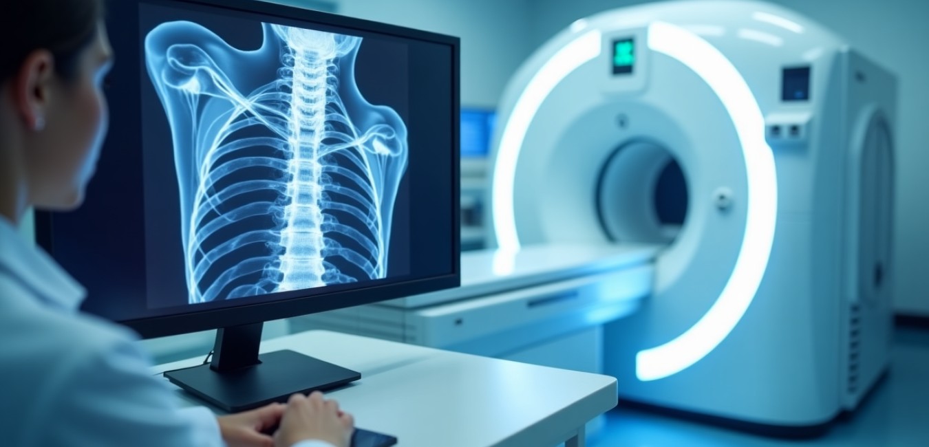 Nowoczesne urządzenie do badania gęstości kości z wyświetlonym obrazem struktury kostnej na monitorze diagnostycznym.